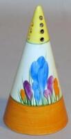 A Clarice Cliff crocus pattern conical shaped sugar sifter.