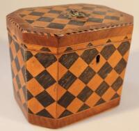 A 19thC parquetry octagonal tea caddy of chequerboard design