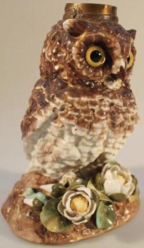 A Victorian porcelain owl novelty lamp base