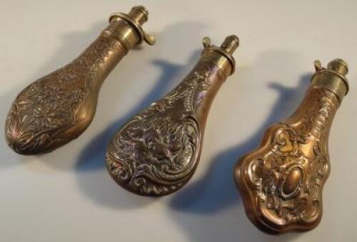 Three 19thC copper cased powder flasks