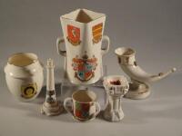 Six pieces of Goss crested china comprising: model of an Irish Mather with Ramsgate crests