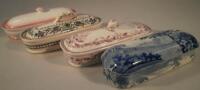 Four 19thC transfer printed soap dishes.