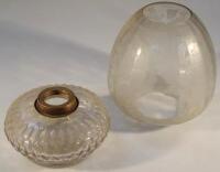 A 19thC etched plain glass lamp shade and an oil lamp glass base reservoir.