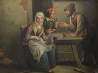 Anonymous (19thC Continental School). Tavern scene with three figures seated at a table