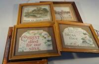 Assorted picture frames. Mostly containing Victorian chromolithographic religious sayings.