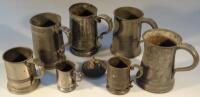 Various 19thC pewter tankards.