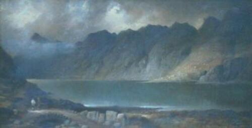 19thC Continental School. Figures in mountain lakeland scene