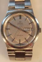 A gentleman's Omega automatic stainless steel day date wristwatch