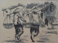 Oriental School. Figures carrying produce and a street scene