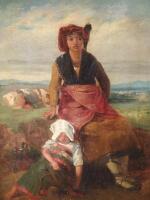 19thC Continental School. A woman and a young child in an open landscape