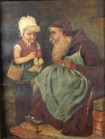 T Sprant. An interior scene with a monk and a young girl knitting