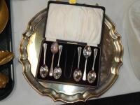 An EPNS Sheffield Plated tray by WT & Co and cased teaspoons.