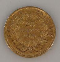 A French Napoleon III gold 20 Franc coin