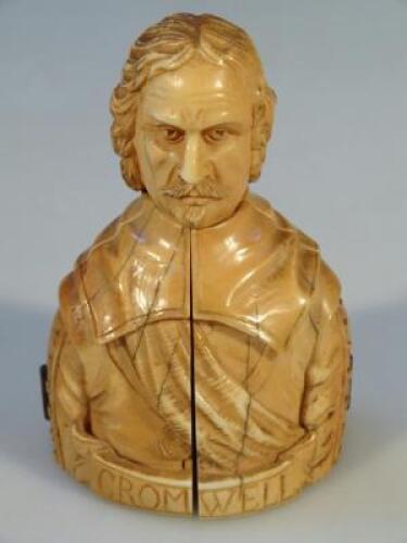 A 19thC three quarter length ivory bust of Oliver Cromwell