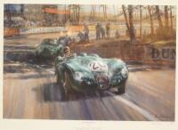 After Alan Fearnley. A limited edition print entitled 'Into the Sun' featuring a Jaguar C Type pursu