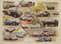 After Graham Bosworth. A print entitled 'Jaguar at Le Mans' featuring cars racing at Le Mans 24 hour