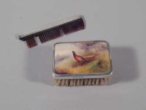 A Royal Worcester porcelain and silver mounted brush set