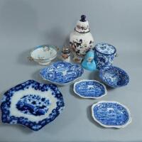 A collection of blue printed ceramics