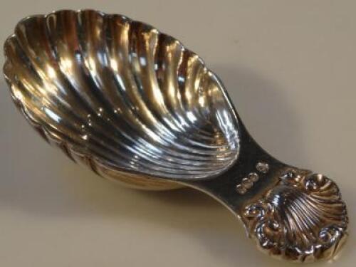 A silver caddy spoon with shell cut handle and fluted bowl