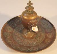 A late 19thC French bronze inkwell and stand