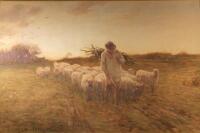 George Wetherbee (1851-1920). A shepherd with sheep on an autumnal path watercolour signed and dated