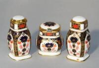 A Royal Crown Derby Imari pattern three piece condiment set.