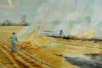 Ward (Freda) A watercolour depicting field scorching.