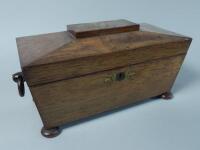 A mid 19thC rosewood sarcophagus shaped brass inlaid tea caddy