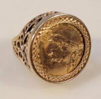A Victorian shield back 1887 half sovereign ring