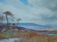 Charles Pigott (1863-1940). Moorland landscape with sheep by stream