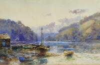 Charles E. Turner (1893-1965). Boats on a riverbank before trees and mountains