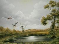 David Waller (20thC). Flying ducks over lake