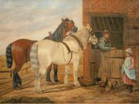 E R Smythe (19th/20thC). Horses and figures at stable