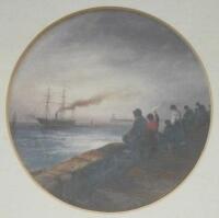 Sarah Louise Kilpack (c.1840-1909). Figures overlooking harbour as ship departs