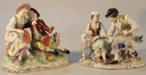 A modern Dresden figure group of a courting couple set aside puppy