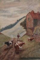 20thC naive school. Figure on a lane herding cattle near house and trees