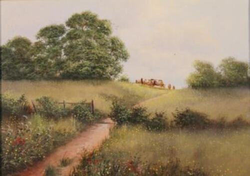 Mary Shaw (b.1955). Summer fields with hedgerows and trees before cattle on a calm day