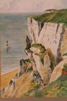 G Thompson (fl.1958). Cliffs before lighthouse and the sea on a calm summer's day watercolour signed