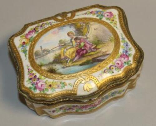 A 19thC French porcelain cartouche shaped box and cover