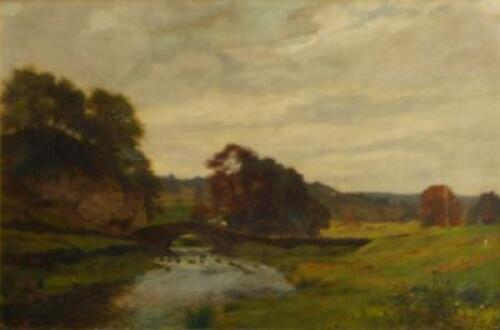 J.H. Davies. Figure on horseback crossing bridge with stream