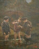 Geoffrey E Mortimer (1895-1986). Three boys fishing in the stream