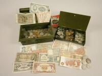 Various British and foreign coins and bank notes.