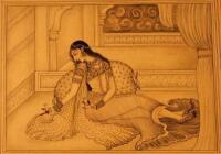 Indian School (20thC on 19thC parchment). Recumbent semi-clad lady and another probably by the same