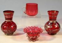 A quantity of cranberry and other glassware