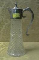 A Diamond Moulded glass and epns claret jug