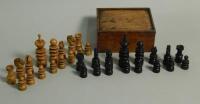 Late 19thC turned sycamore and part ebonised chess set