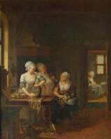 B Coclery. Interior scene of woman around a kitchen table with an old woman plucking a cockerel