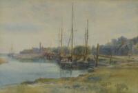 Early 20thC English School. A river scene with quayside and moored boats