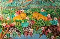 Lesley Pierre (20thC). Zebras and giraffes at a drinking hole being watched by lions