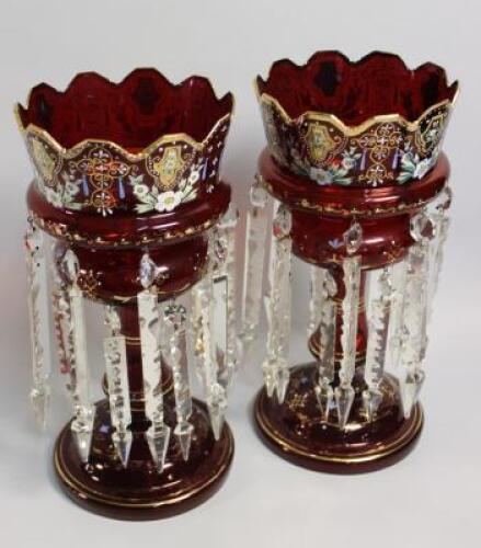 A pair of Victorian ruby tinted glass lustres